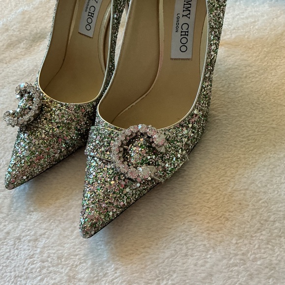 Rare Jimmy Choo Green Saresa 85 Glittered Court Shoes With Crystal Buckle - Picture 4 of 9